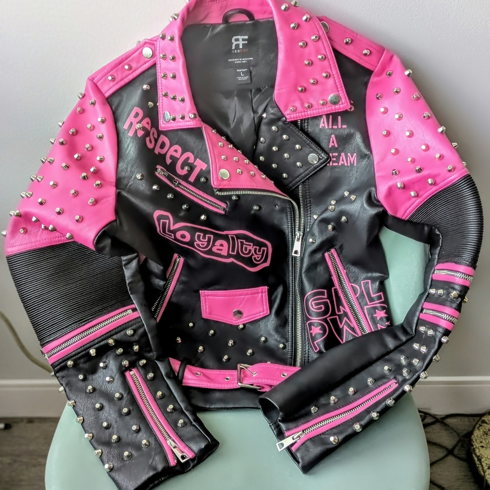 Pink and Black Vegan Leather Studded Moto Jacket